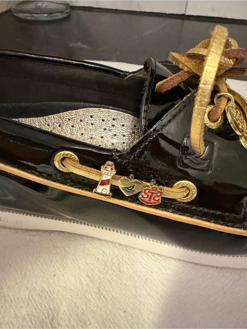 Sperry Authentic Original Black Patent Leather Boat Shoe with Charms